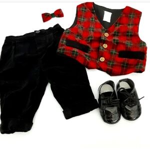Baby Boy 3-6 Mo Christmas Outfit Plaid Vest Velvet Pants Bow Tie Wingtip Shoes